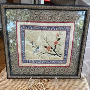 Framed Floral and Bird Embroidery Art